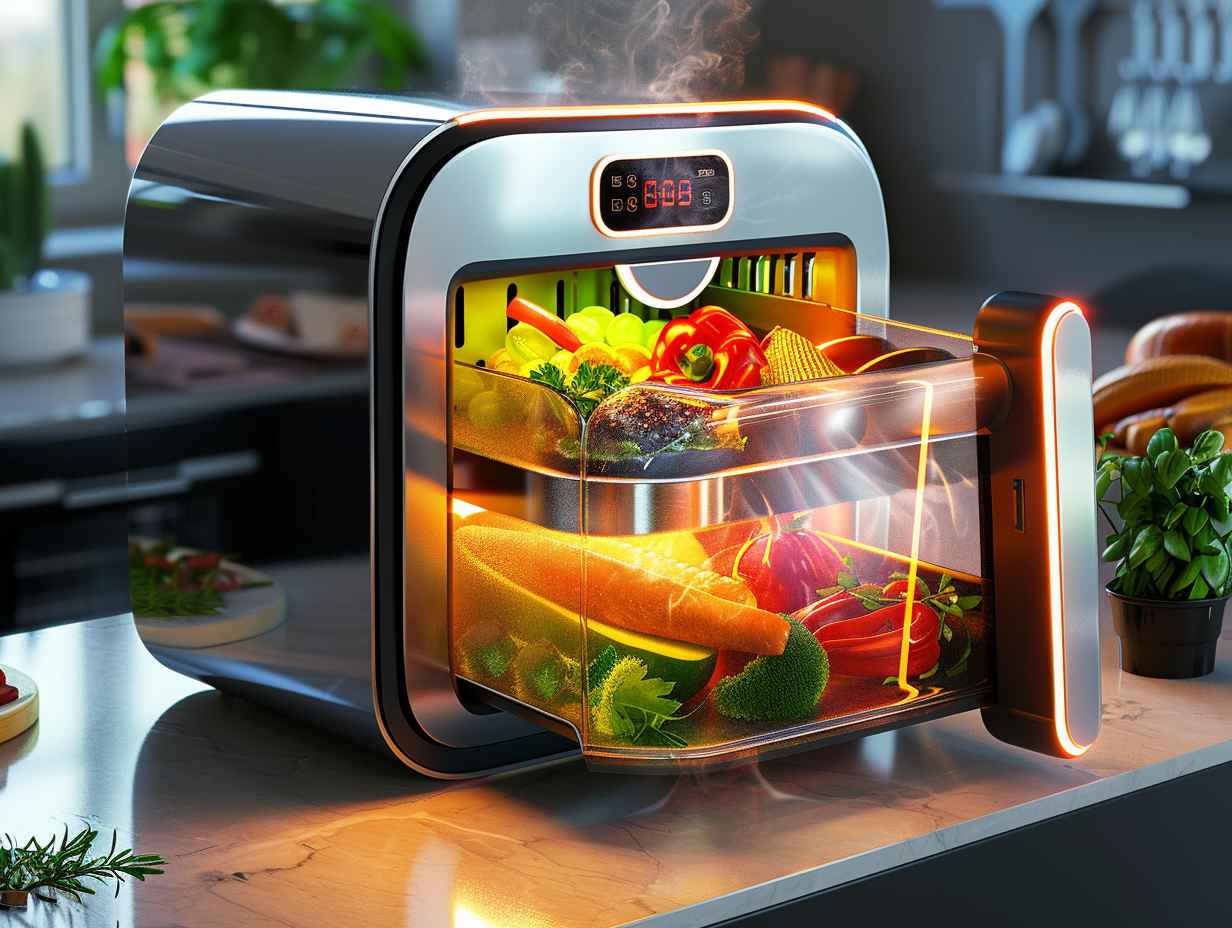 A sleek and modern air fryer with a transparent door, cooking a variety of vibrant and healthy foods with steam rising from the appliance.