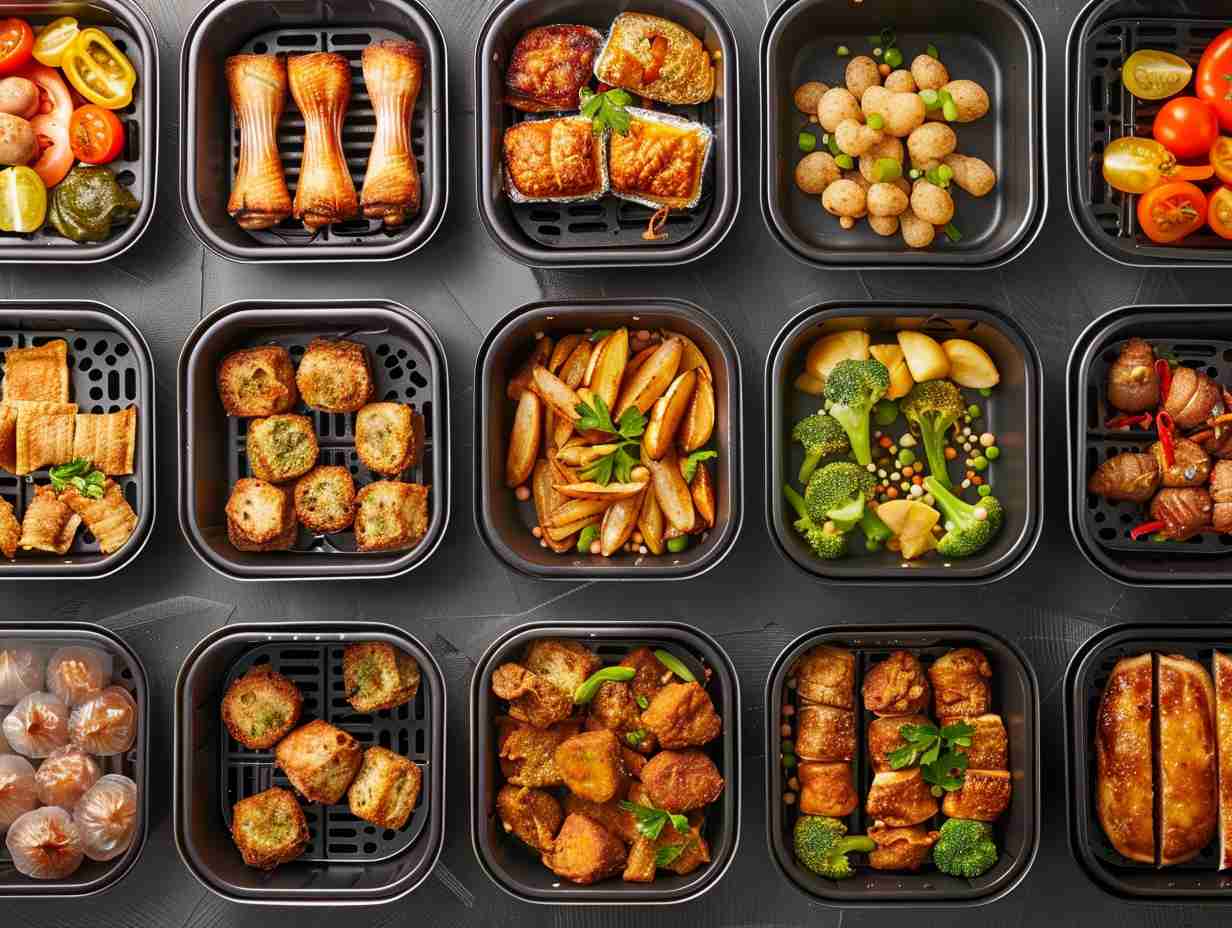 A variety of air fryer trays lined up neatly, showcasing different sizes, shapes, and materials, each filled with colorful, crispy cooked foods.