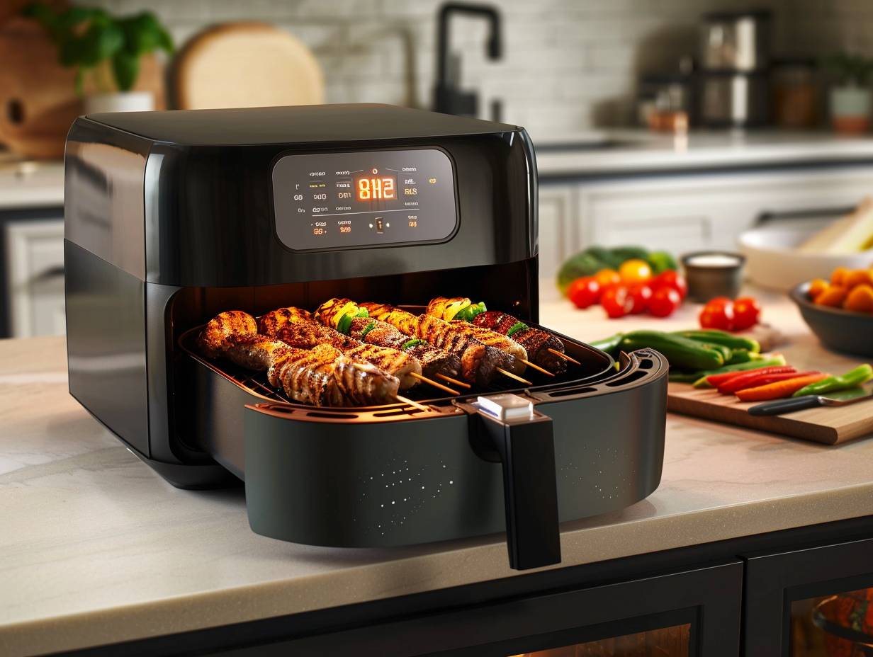 A sleek, modern air fryer with a rotating rotisserie basket filled with crispy, golden brown chicken, vegetables, and kebabs in a clean, well-lit kitchen setting.