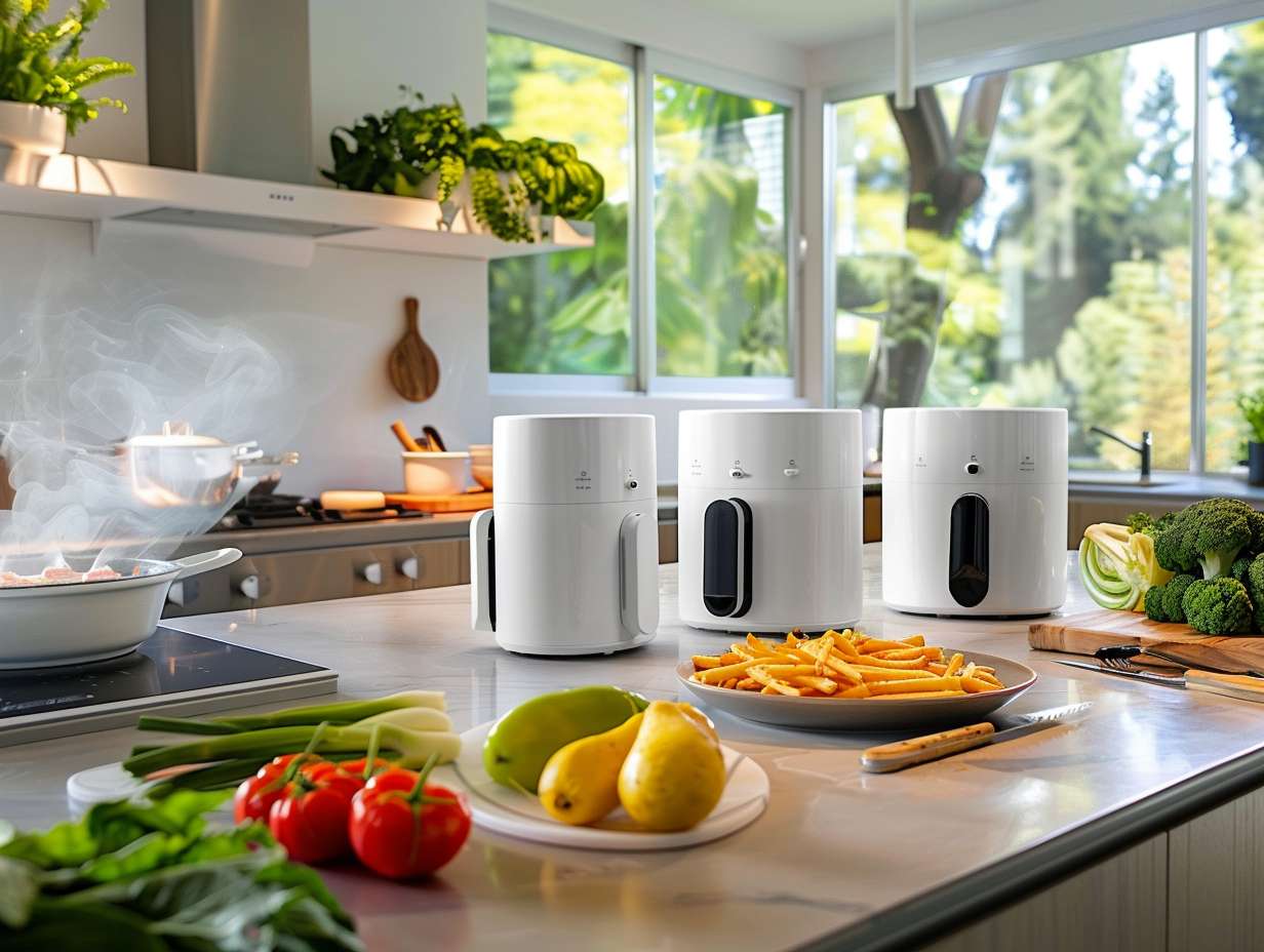 A sleek, modern kitchen countertop with multiple white air fryers of different sizes and designs, surrounded by fresh vegetables and a steaming plate of crispy fries.