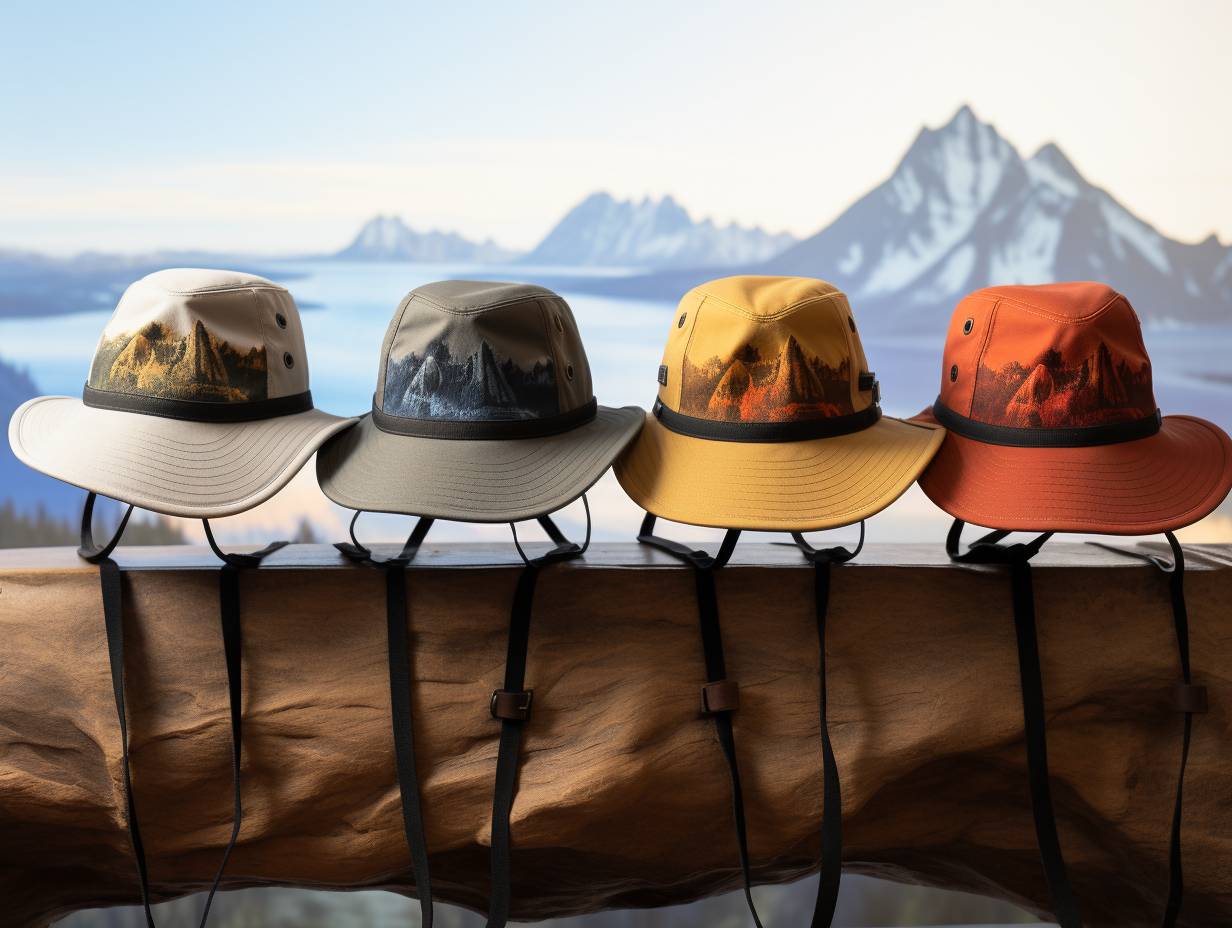 Six diverse camping hats designed for outdoor adventures and sun protection, showcasing a variety of styles, colors, and materials.