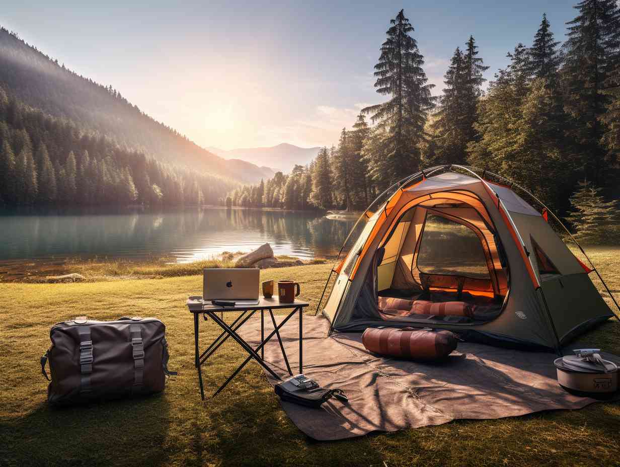 A picturesque campsite surrounded by lush forests and a serene lake, with seven innovative camping gadgets displayed in the foreground.