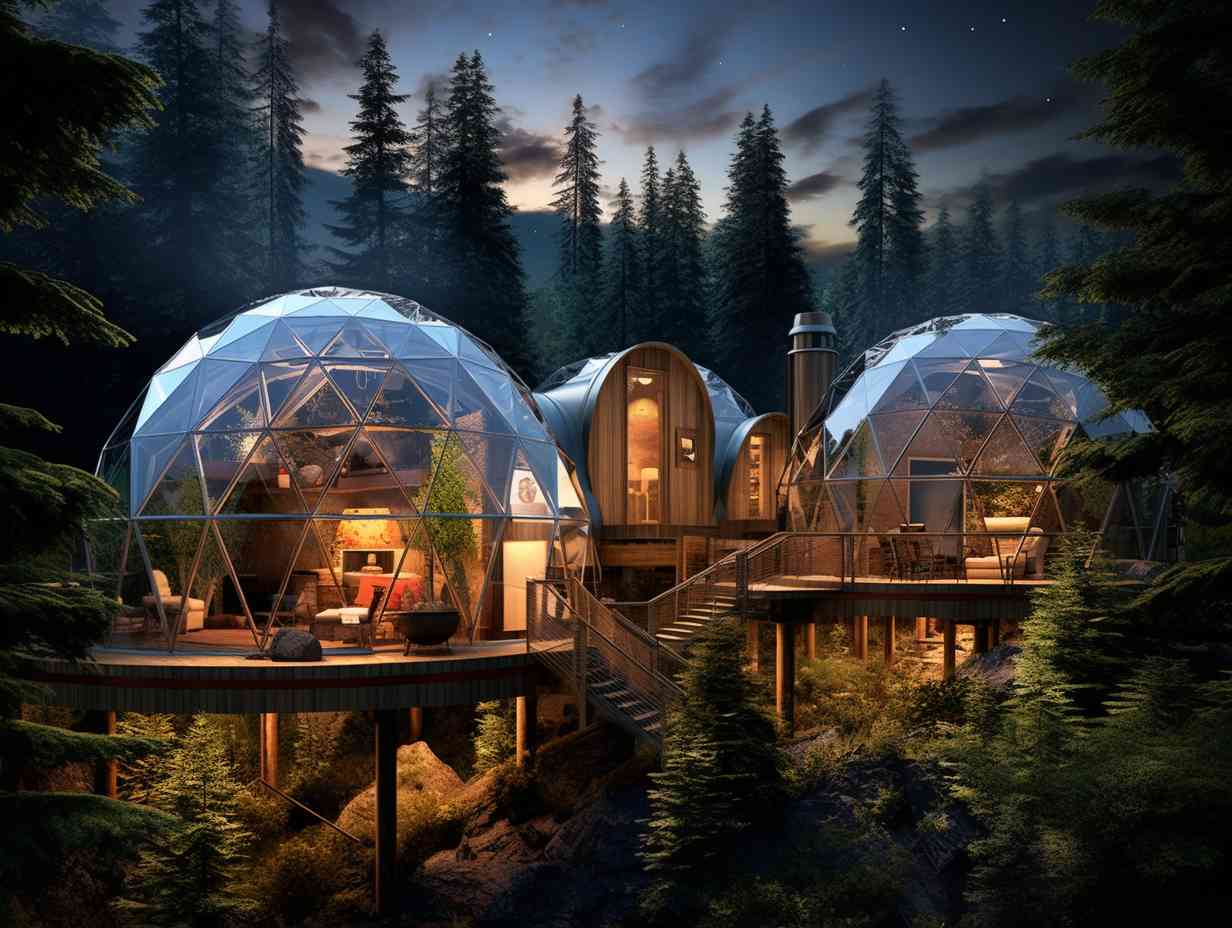 A collage of seven diverse camping houses nestled amidst breathtaking natural landscapes, from cozy wooden cabins to futuristic glass domes, vibrant with the excitement of an unforgettable outdoor adventure.