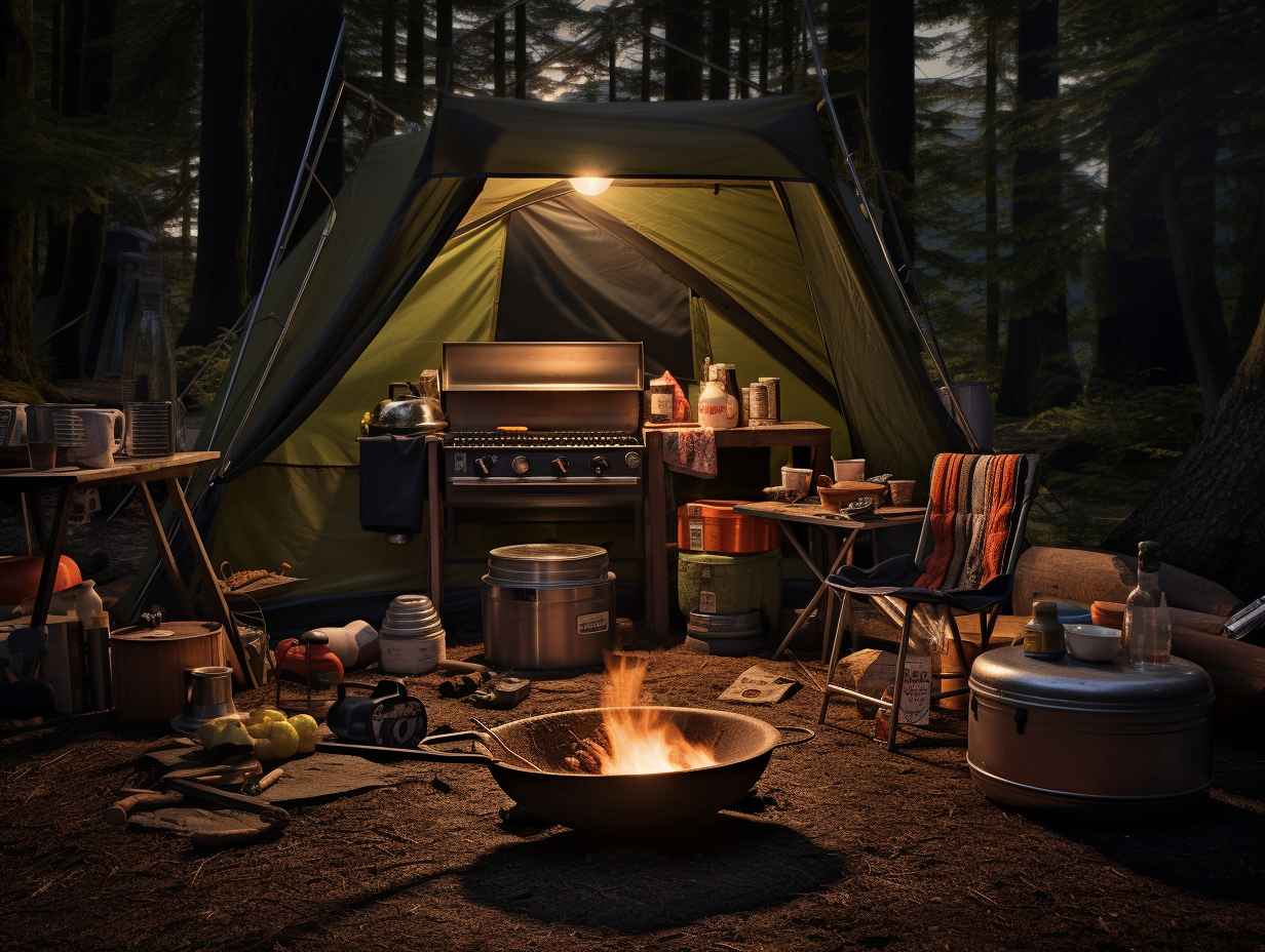 Rustic campsite with campfire and top-notch camping kitchen accessories including portable grill, foldable cooking utensils, compact stove, and hanging pot rack