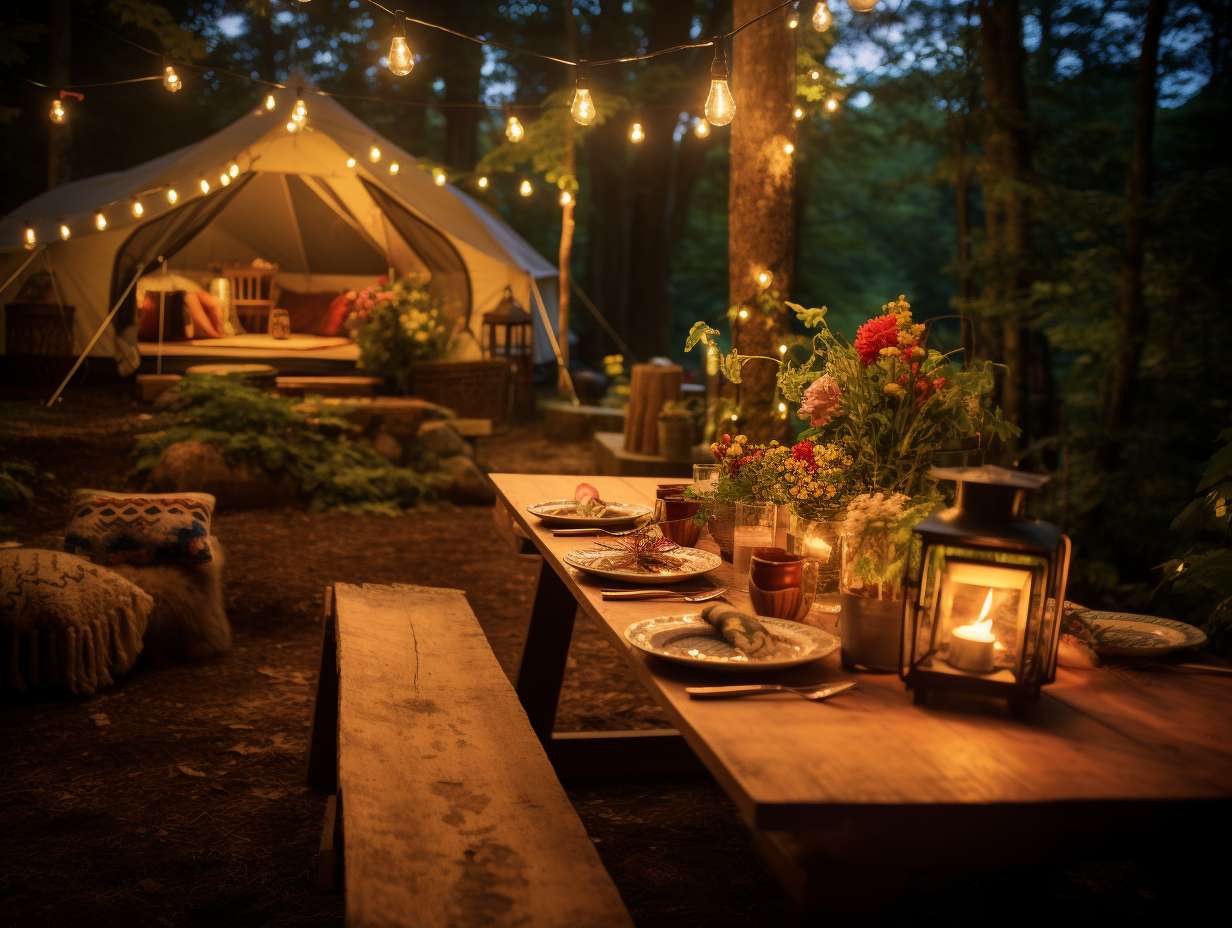 Cozy campfire surrounded by twinkling fairy lights, rustic lanterns illuminating a vintage picnic table adorned with wildflower centerpieces