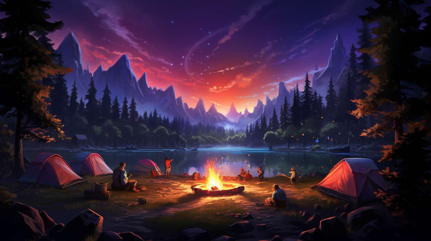 Friends roasting marshmallows around a glowing campfire under starlit skies, surrounded by towering trees and echoing laughter.