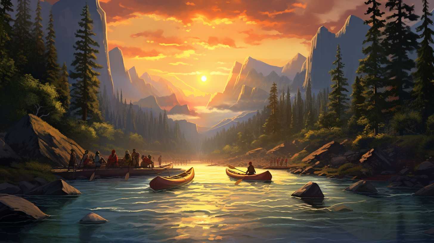 A group of campers kayaking down a rushing river, surrounded by towering cliffs and lush greenery, with the sun's golden rays illuminating the scene.