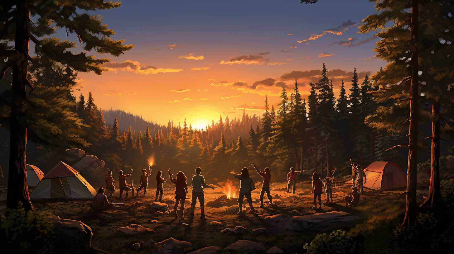 Group of friends playing frisbee in a lush green camping area under a golden sunset glow