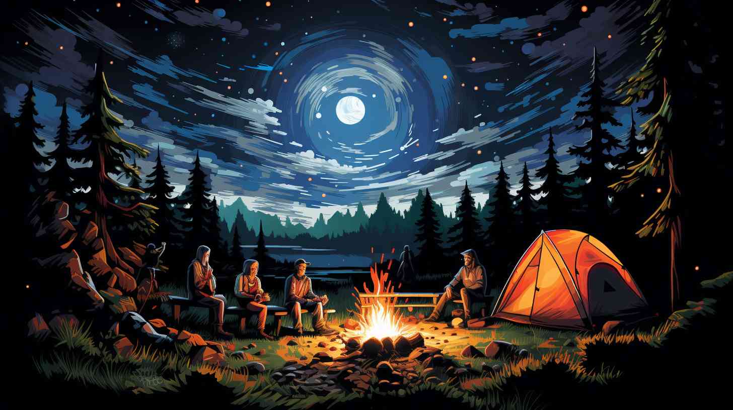 Group of friends huddled around a crackling campfire, roasting marshmallows under a starry sky.