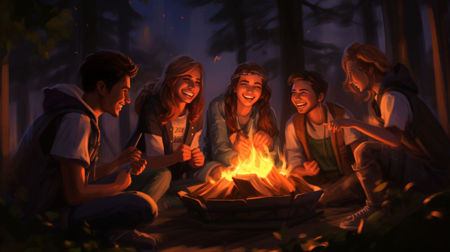 A diverse group of campers gathered around a crackling campfire, sharing stories and laughter late into the night. The warm glow illuminates their smiling faces, fostering a sense of belonging and connection within the camping community.