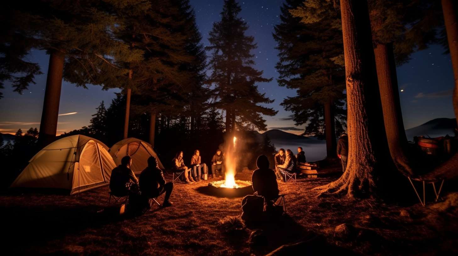 A serene campsite nestled amidst towering pine trees, with tents scattered harmoniously around a crackling bonfire. A group of friends gathers, sharing laughter and stories, under a star-studded sky.