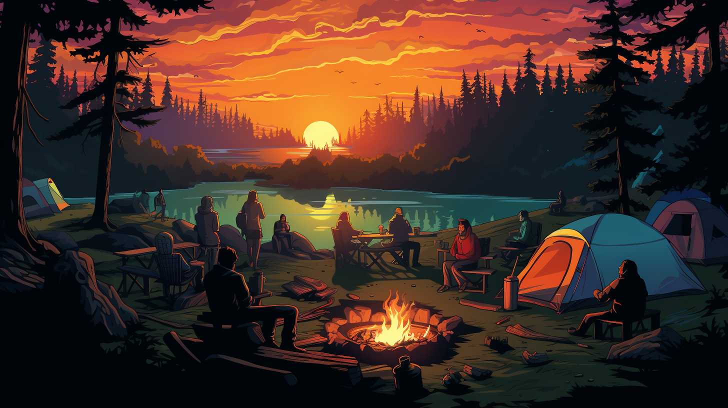 A vibrant campground scene with tents, campfires, and people engaging in group activities like hiking, cooking, and storytelling.