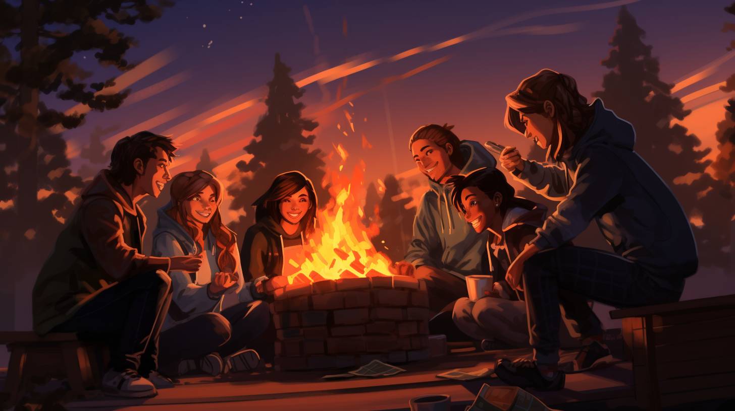 A warm campfire surrounded by a diverse group of friends sharing laughter, roasting marshmallows, and exchanging heartfelt stories, showcasing the genuine bonds and unwavering support found within the camping community.