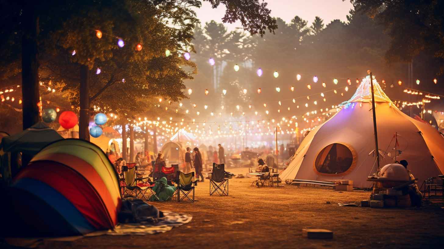 Colorful tent surrounded by festival-goers relaxing in camping chairs, vibrant flags, twinkling fairy lights, and live music in the background at a music festival camping site.