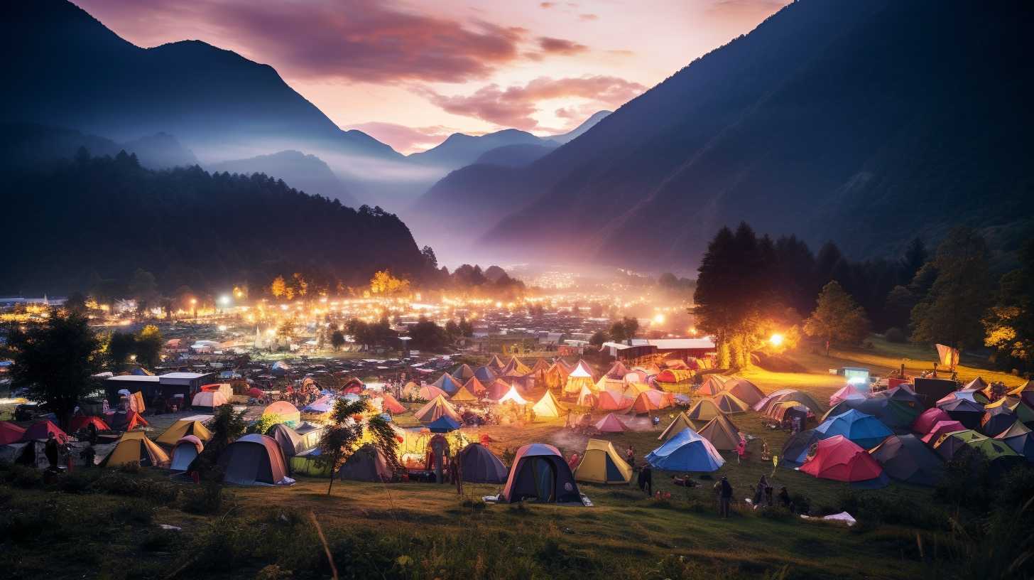 A stunning view of a campsite nestled among majestic mountain ranges, adorned with vibrant tents, lively bonfires, and stages for live music, where enthusiastic campers immerse themselves in the festive atmosphere.