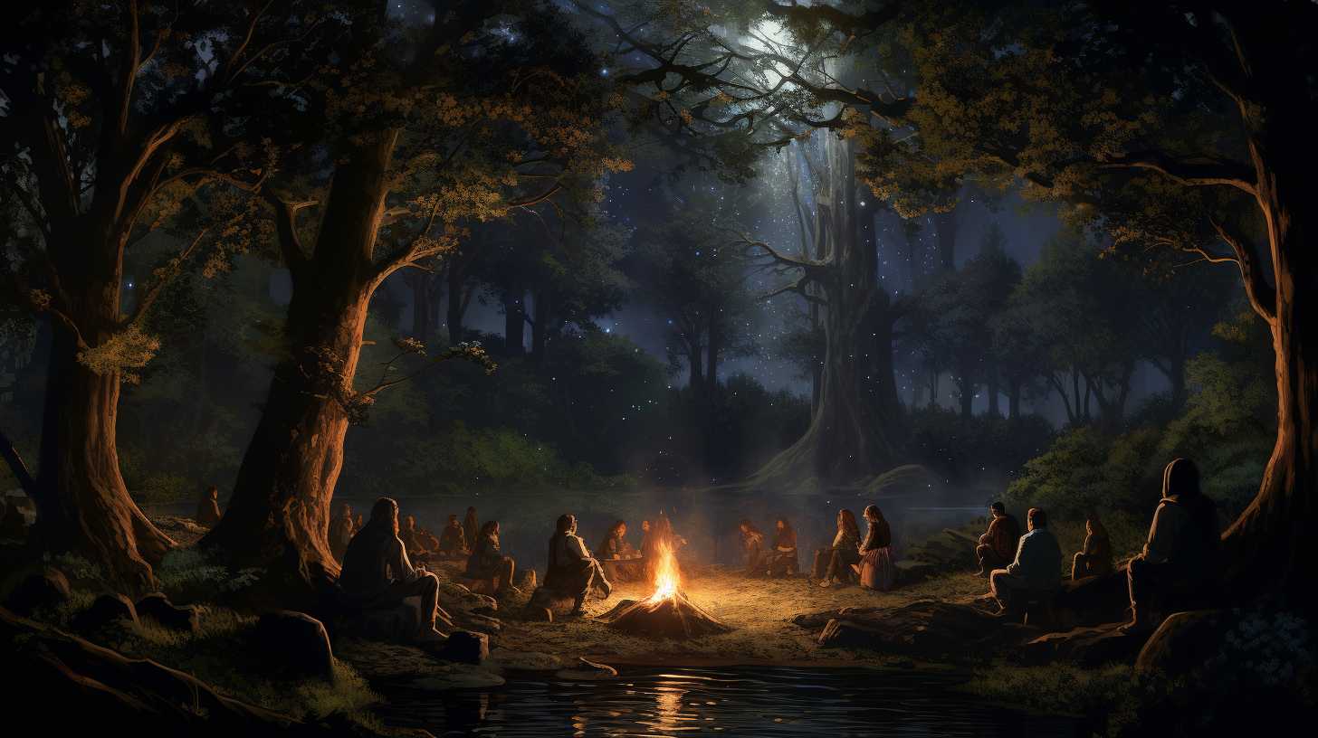 A starlit forest with a campfire at its heart, surrounded by people huddled together, sharing stories and laughter under a towering canopy of ancient trees.