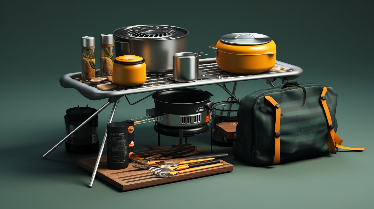 A compact camping kitchen set-up with a portable stove, adjustable flames, a non-stick frying pan, a collapsible pot with a lid, nesting bowls, and neatly organized versatile utensils on a folding table.