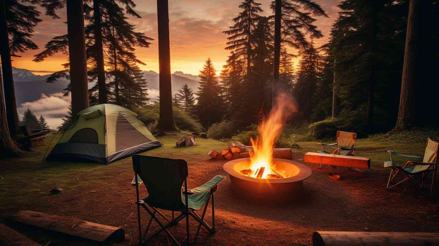 Tranquil campsite nestled amidst towering evergreens, with a cozy tent illuminated by the warm glow of a crackling firepit.