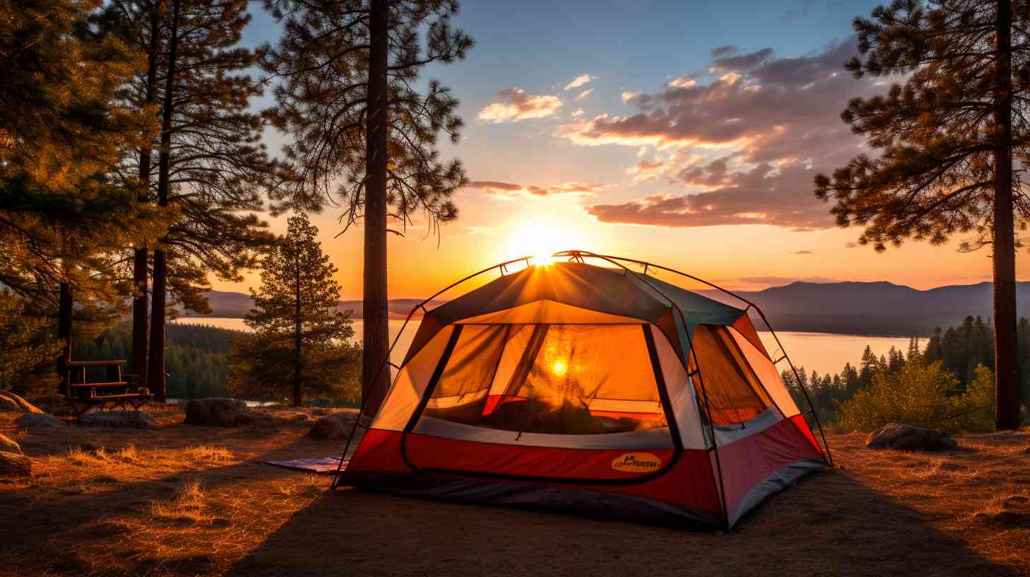 A spacious modern tent nestled among towering pine trees, with a vibrant sunset casting a warm glow.