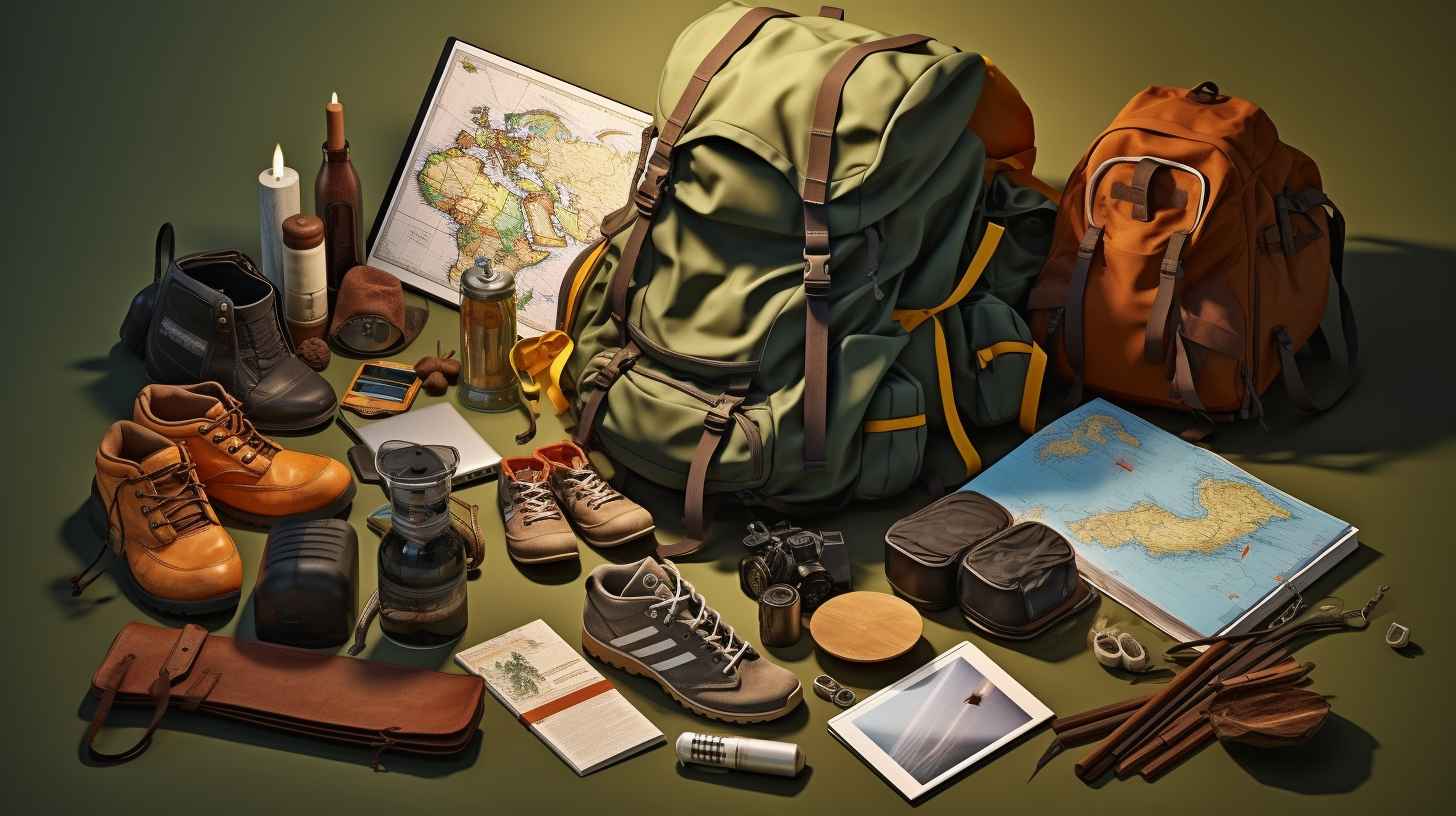 A neatly packed backpack for camping, filled with essential gear such as a lightweight tent, sleeping bag, camp stove, water bottle, hiking boots, and maps, ready for a successful outdoor adventure.