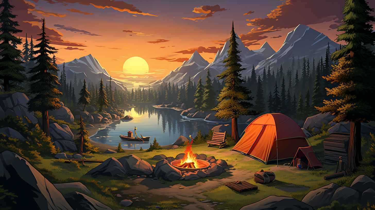 A picturesque campsite nestled amidst towering evergreen trees, with a glowing campfire surrounded by a ring of stones, a well-organized tent, and essential camping gear neatly arranged nearby.