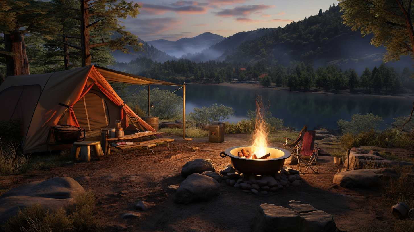 A serene campsite nestled amidst towering trees, with a flickering campfire safely contained in a designated fire pit. Essential safety precautions like a first aid kit, flashlight, and a well-organized camping area ensure a worry-free outdoor experience.