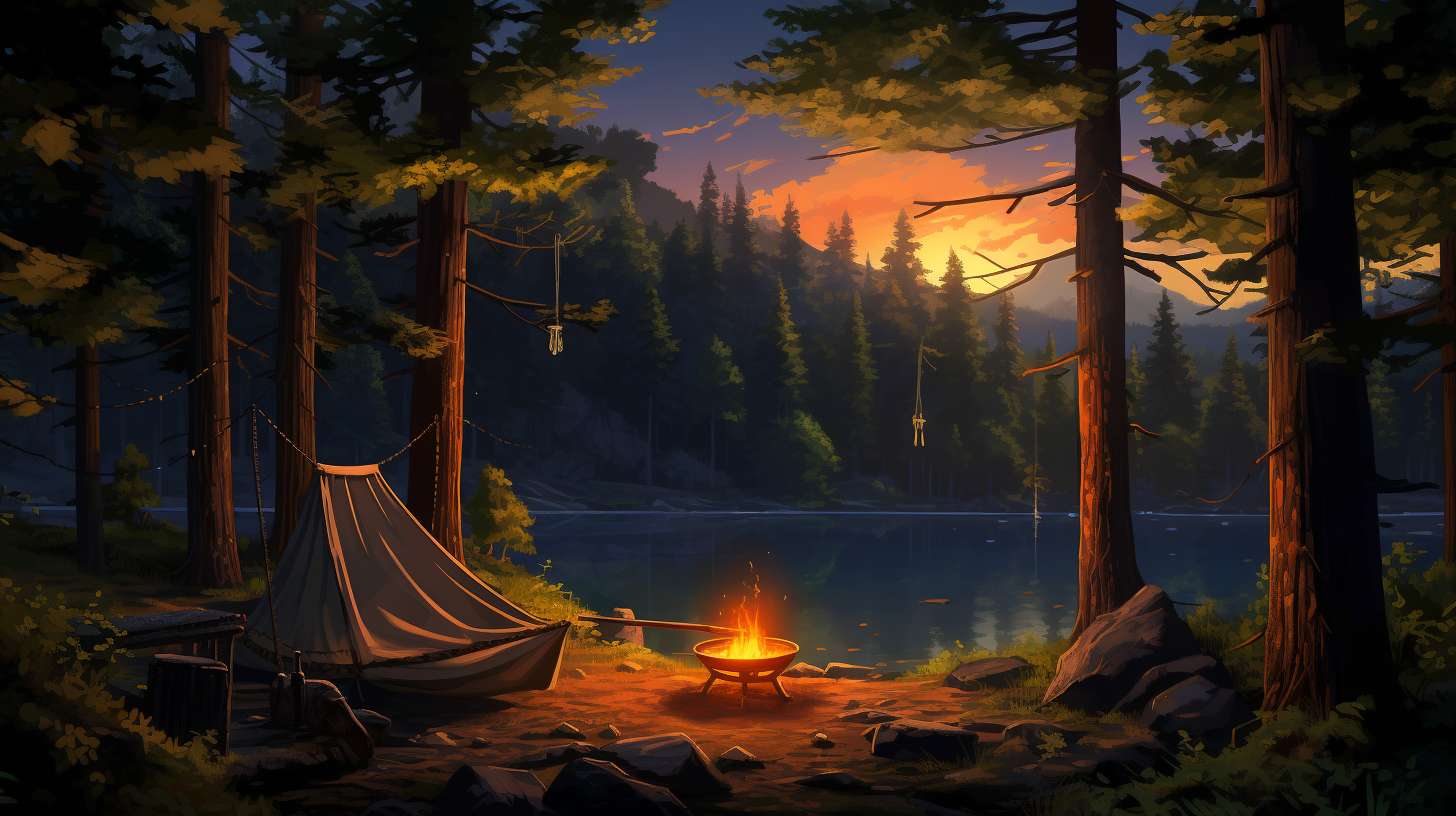 A serene campsite nestled in a lush forest, with a crackling campfire casting a warm glow. A hammock hangs between two trees, inviting relaxation, while a person meditates nearby, surrounded by tranquil nature.