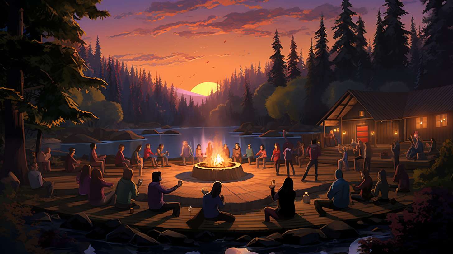 A serene forest campground at dusk, with a glowing campfire surrounded by individuals practicing yoga, stretching, and meditating amidst the peaceful ambiance of nature.