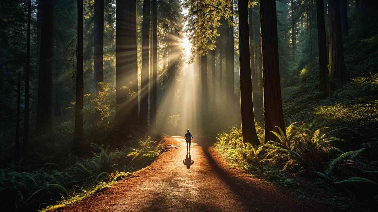 A hiker in athletic gear jogging uphill on a forest trail, surrounded by tall trees and rays of sunlight piercing through the canopy, illuminating the path.