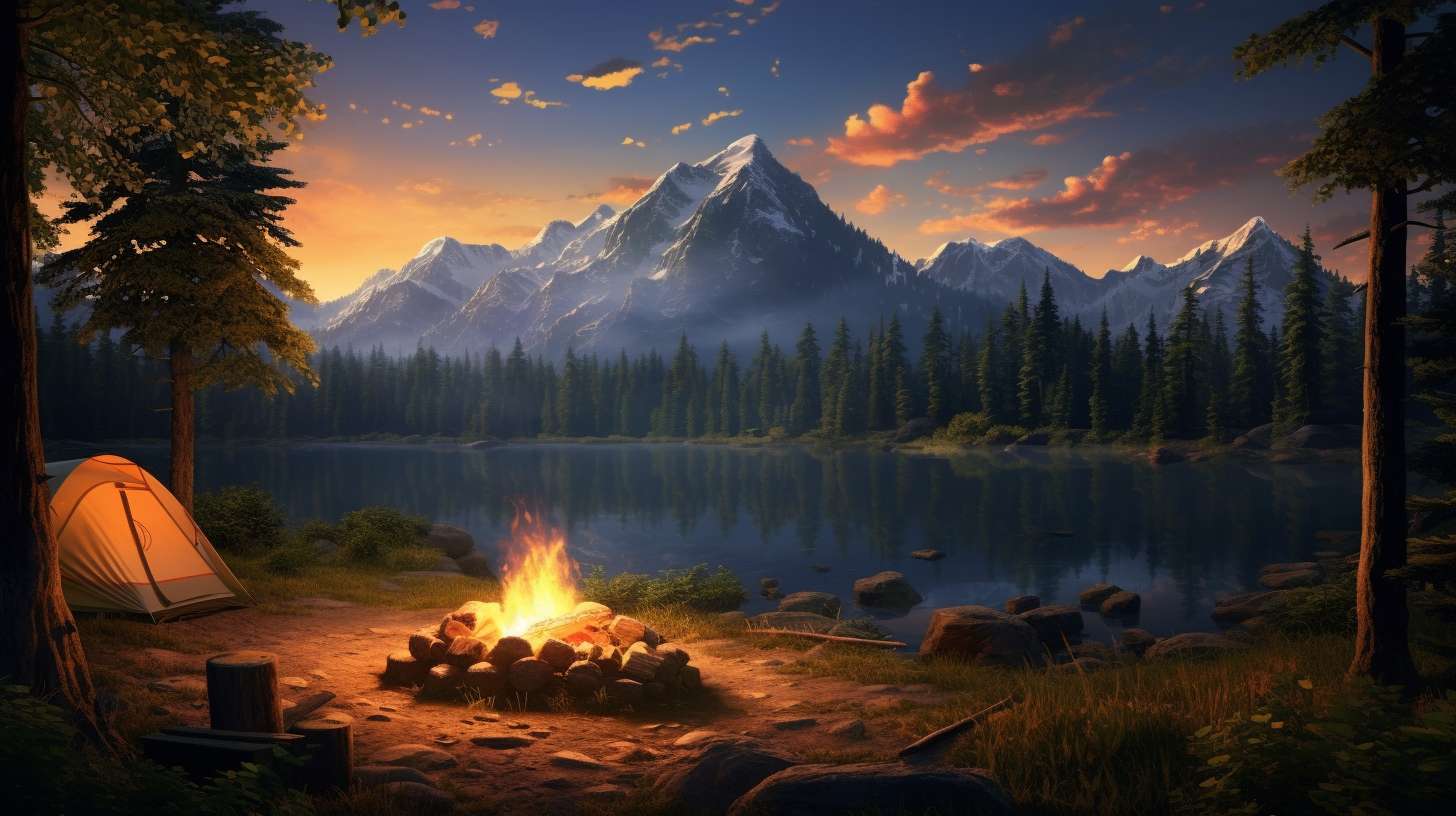 Serene lakeside scene with snow-capped mountains, towering pine trees, and a cozy campfire illuminating a tent nestled amidst the wilderness.