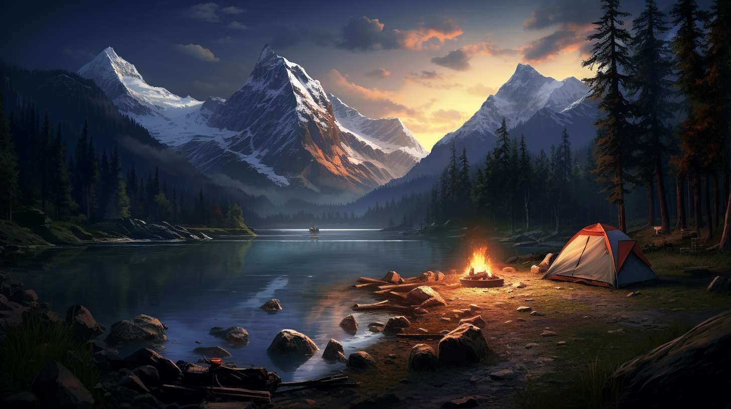 A serene campsite nestled beside a crystal-clear alpine lake, surrounded by snow-capped peaks, lush forests, and a meandering river.