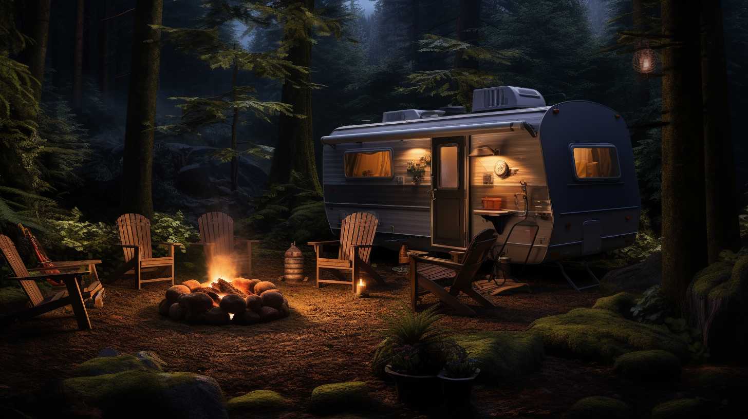 A serene campsite nestled between towering evergreen trees, with a crackling fire illuminating moss-covered rocks.