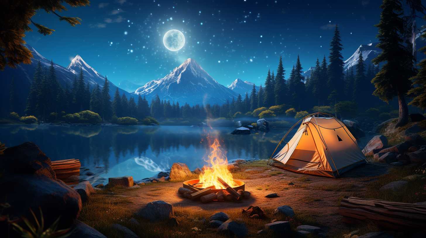 Serene night sky filled with twinkling stars, cozy campfire surrounded by quirky tent designs, and breathtaking landscape backdrop including majestic mountains or cascading waterfalls.