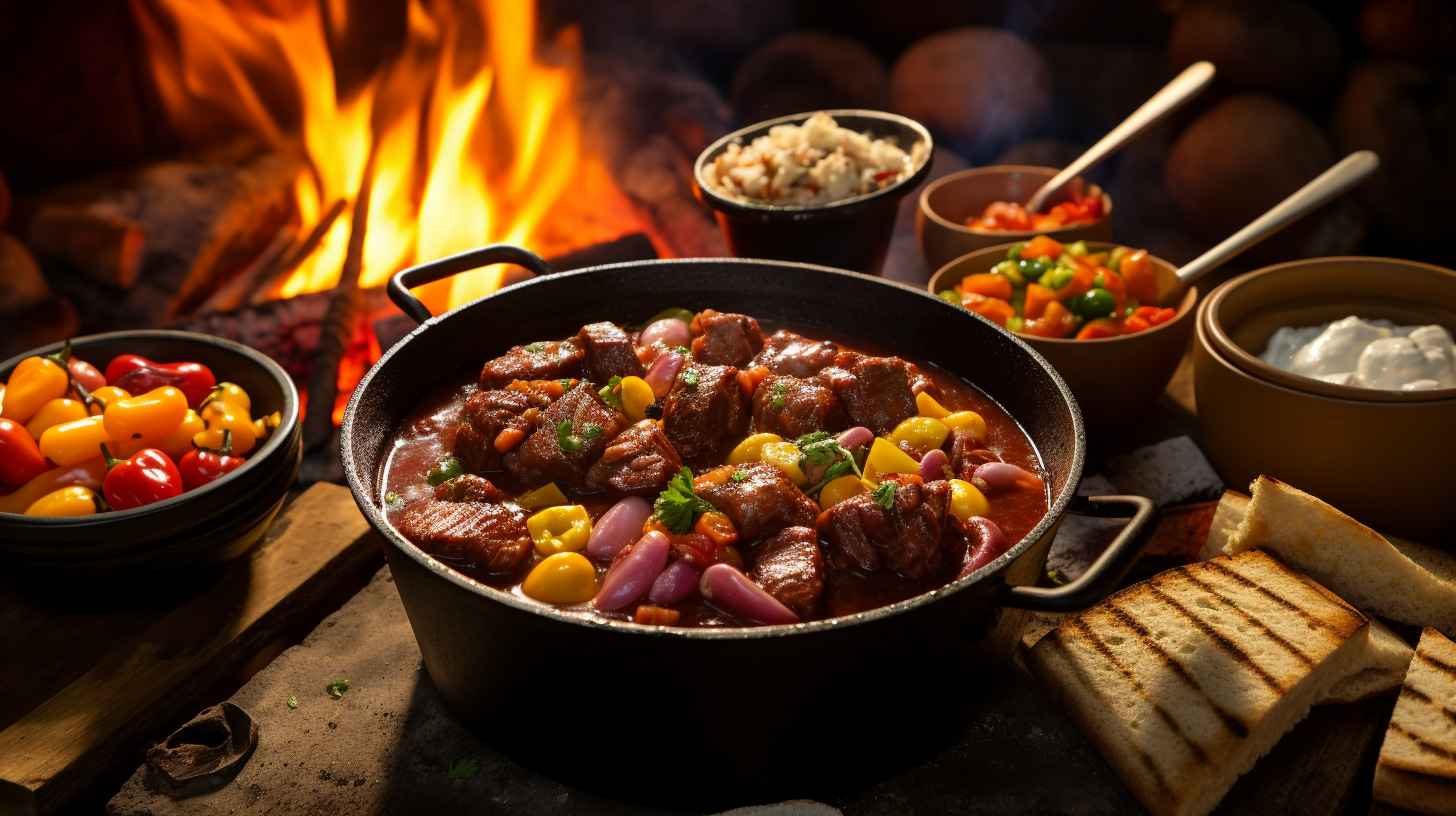 A campfire surrounded by delicious dishes including chili, kebabs, and cornbread.