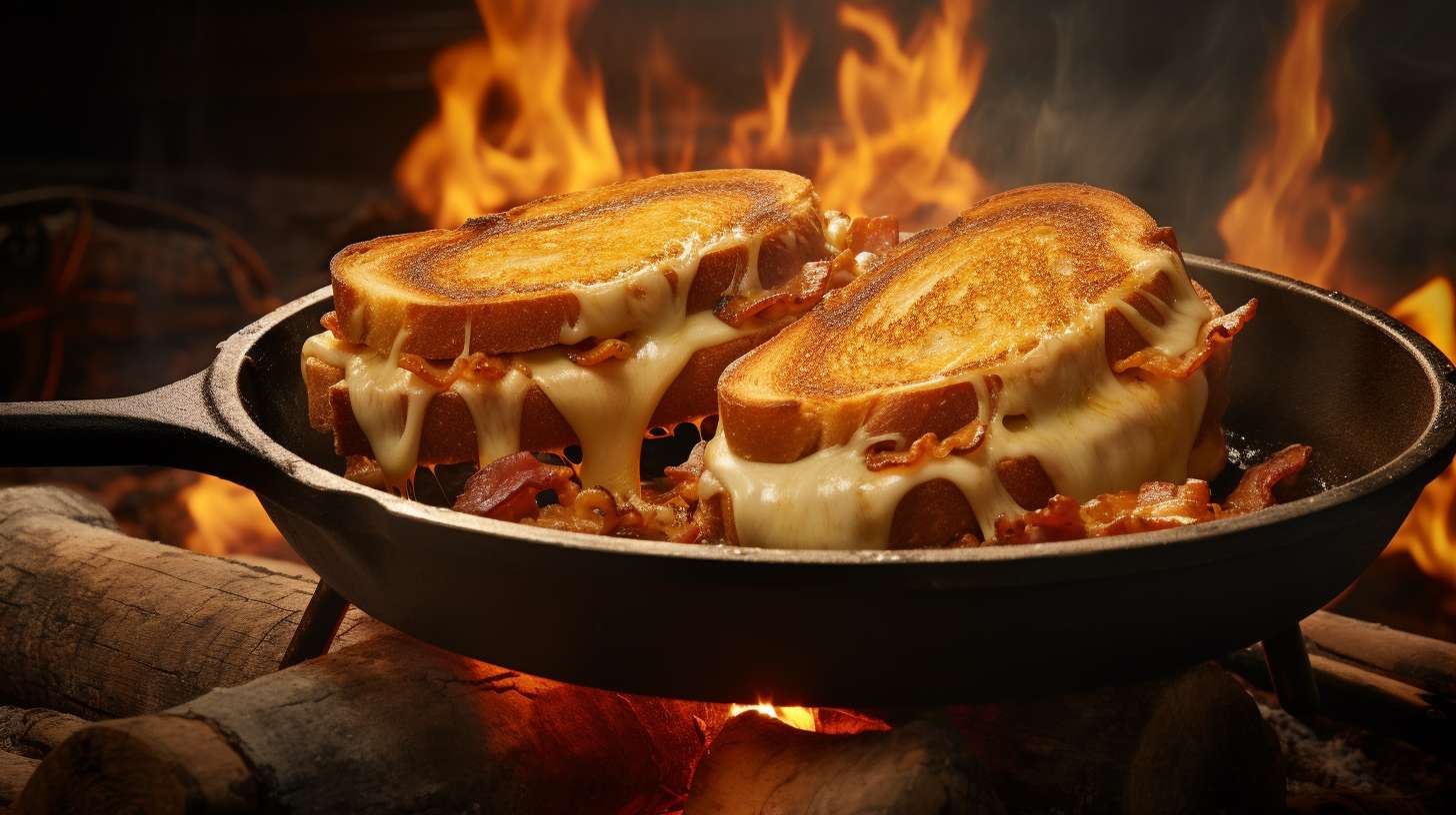 A picturesque campfire scene with a cast iron skillet sizzling over the flames, filled with mouthwatering golden grilled cheese sandwiches oozing with melted cheese and crispy bacon.