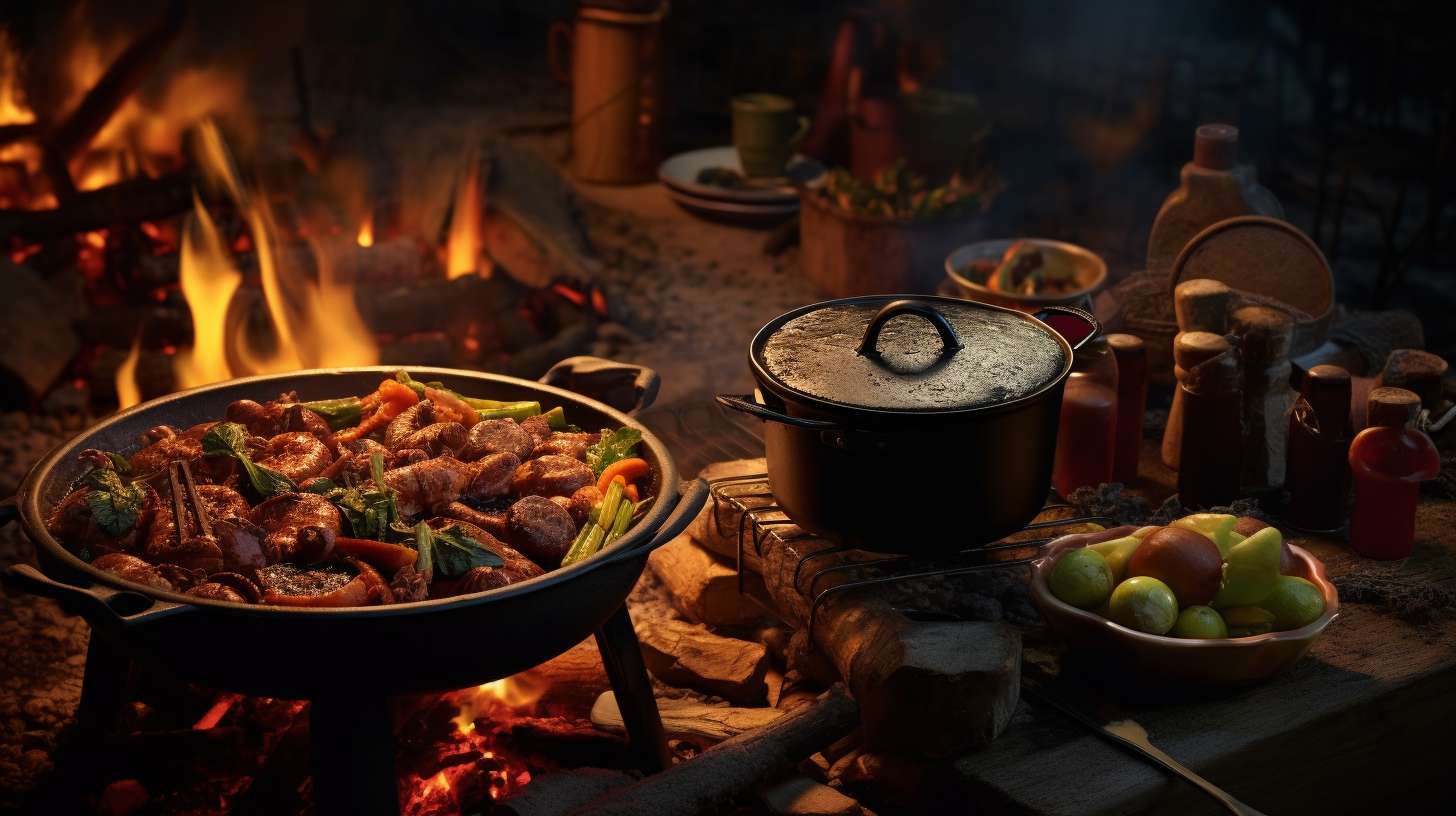 A crackling campfire surrounded by cast iron pots simmering with hearty stews, skewers loaded with sizzling grilled vegetables, and foil-wrapped parcels, emitting mouthwatering aromas, nestled amidst the wilderness.