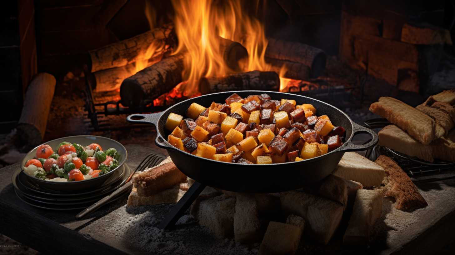 A cozy campfire surrounded by sizzling bacon, golden cornbread, roasted marshmallows, and aromatic foil-wrapped potatoes.