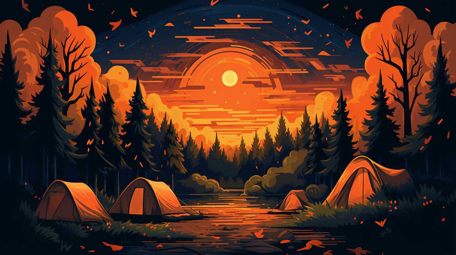 A vibrant autumn forest with golden and orange leaves, a cozy campfire surrounded by tents, and a starry night sky overhead.