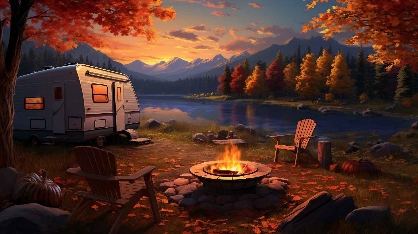 A serene off-season camping scene with a cozy campfire surrounded by colorful autumn foliage, capturing the peacefulness of solitude, crisp air, and the beauty of nature during the offseason.