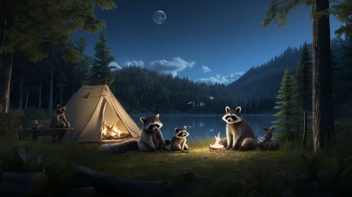 A serene moonlit forest with a family of deer grazing near a cozy campsite, while a curious raccoon peeks from behind a tree.