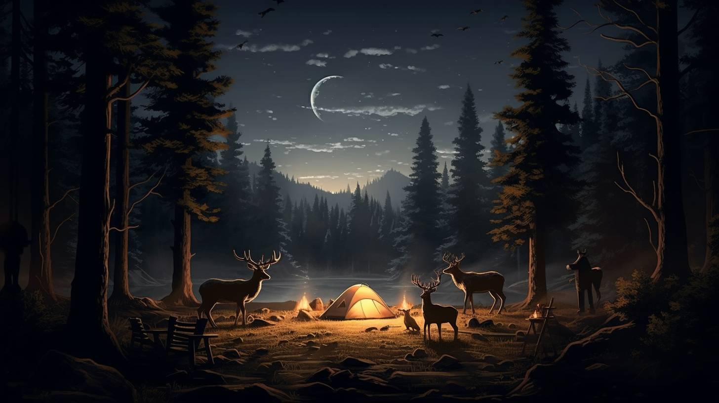 A serene moonlit forest clearing with a crackling campfire under a starry sky. Silhouettes of grazing deer and a curious raccoon create a harmonious coexistence between camping and wildlife.