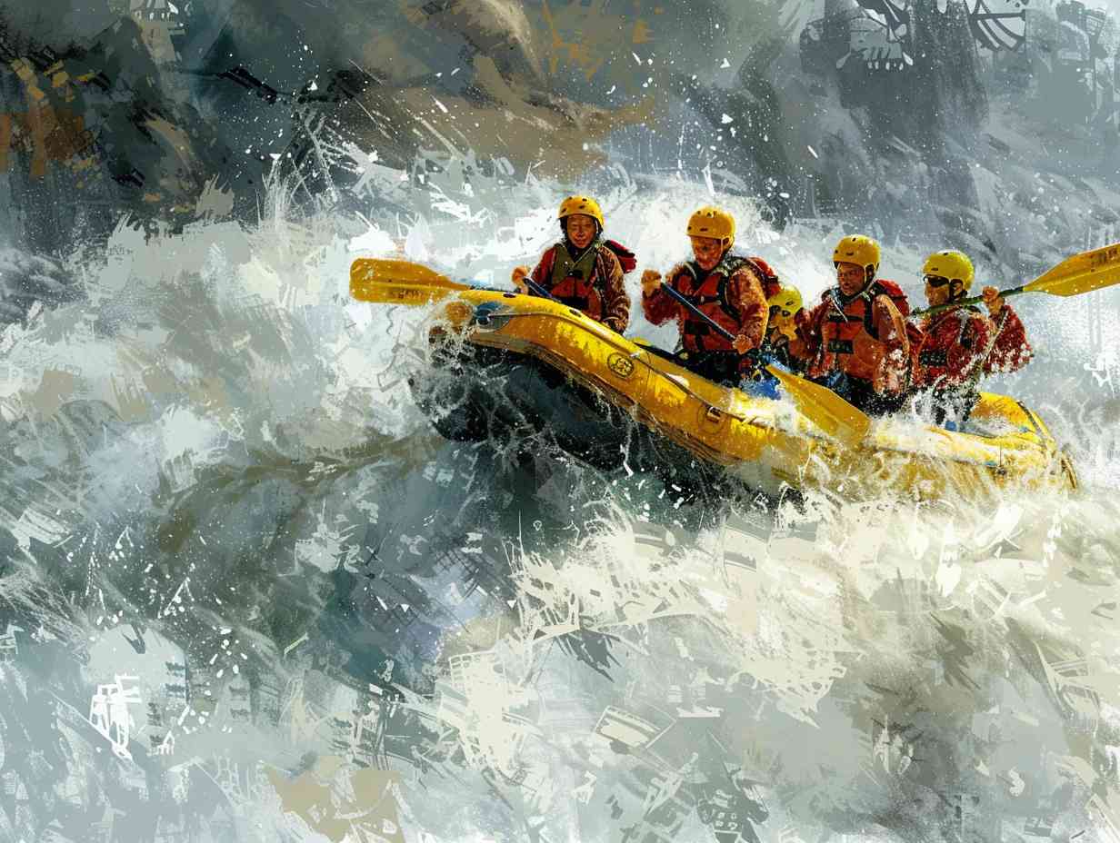 Group of experienced rafters navigating through challenging rapids using advanced techniques like high siding, ferrying, and reading the water.