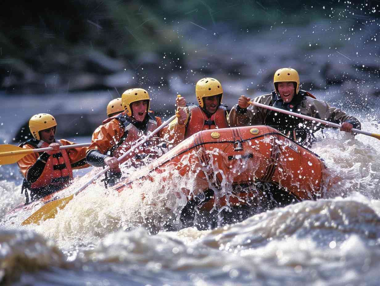 Group of experienced rafters navigating through rough whitewater rapids with proper paddling technique and teamwork