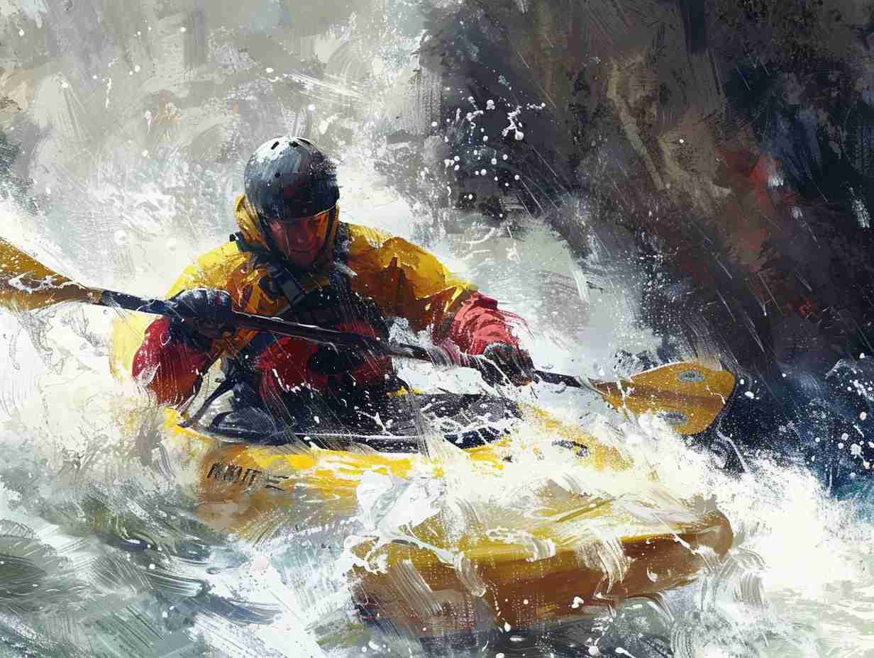 Skilled rafter navigating through turbulent rapids with intense focus and precision