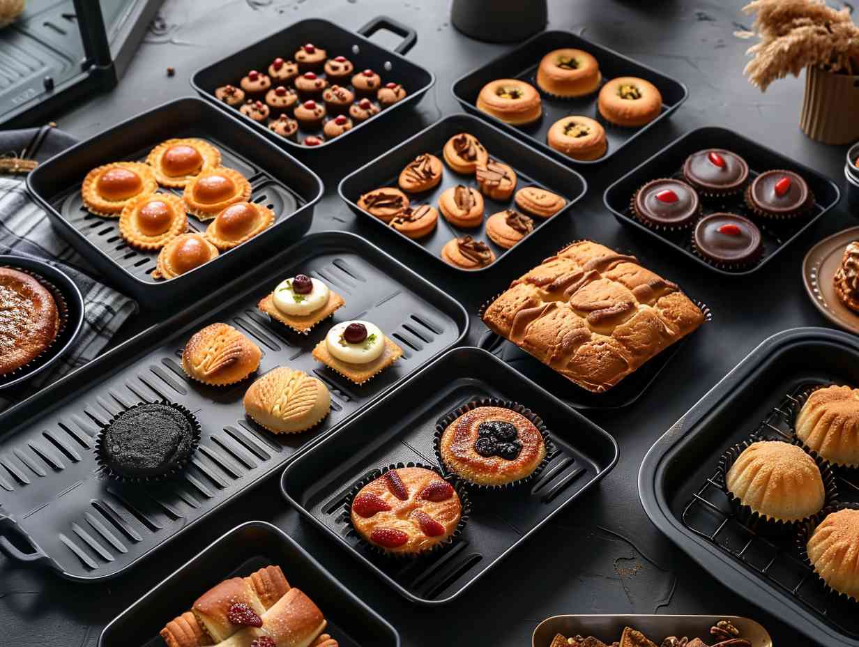 A variety of air fryer baking pans in different shapes and sizes displayed in a visually appealing arrangement, showcasing their features and materials.