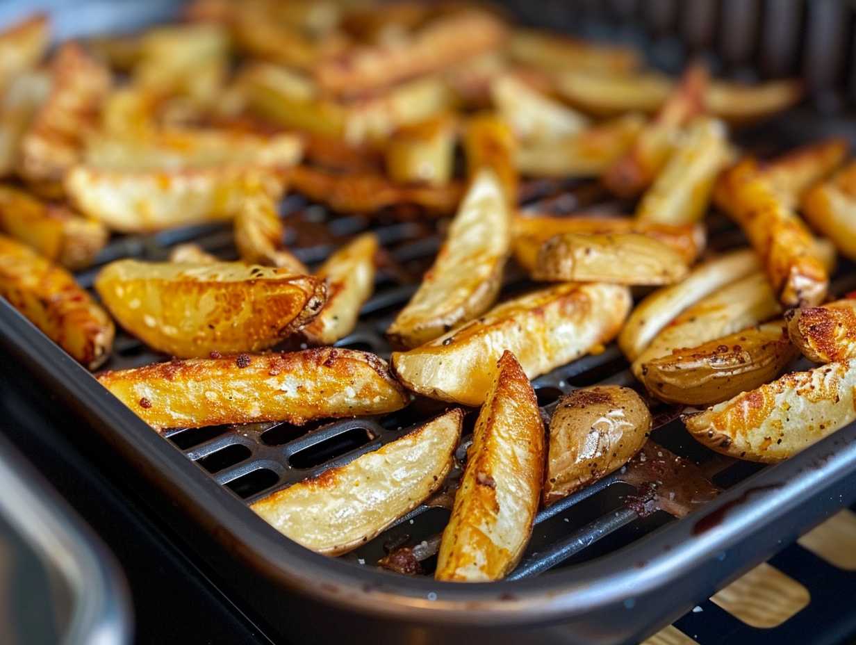 A batch of golden-brown crispy French fries evenly spread across an Air Fryer Baking Pan.