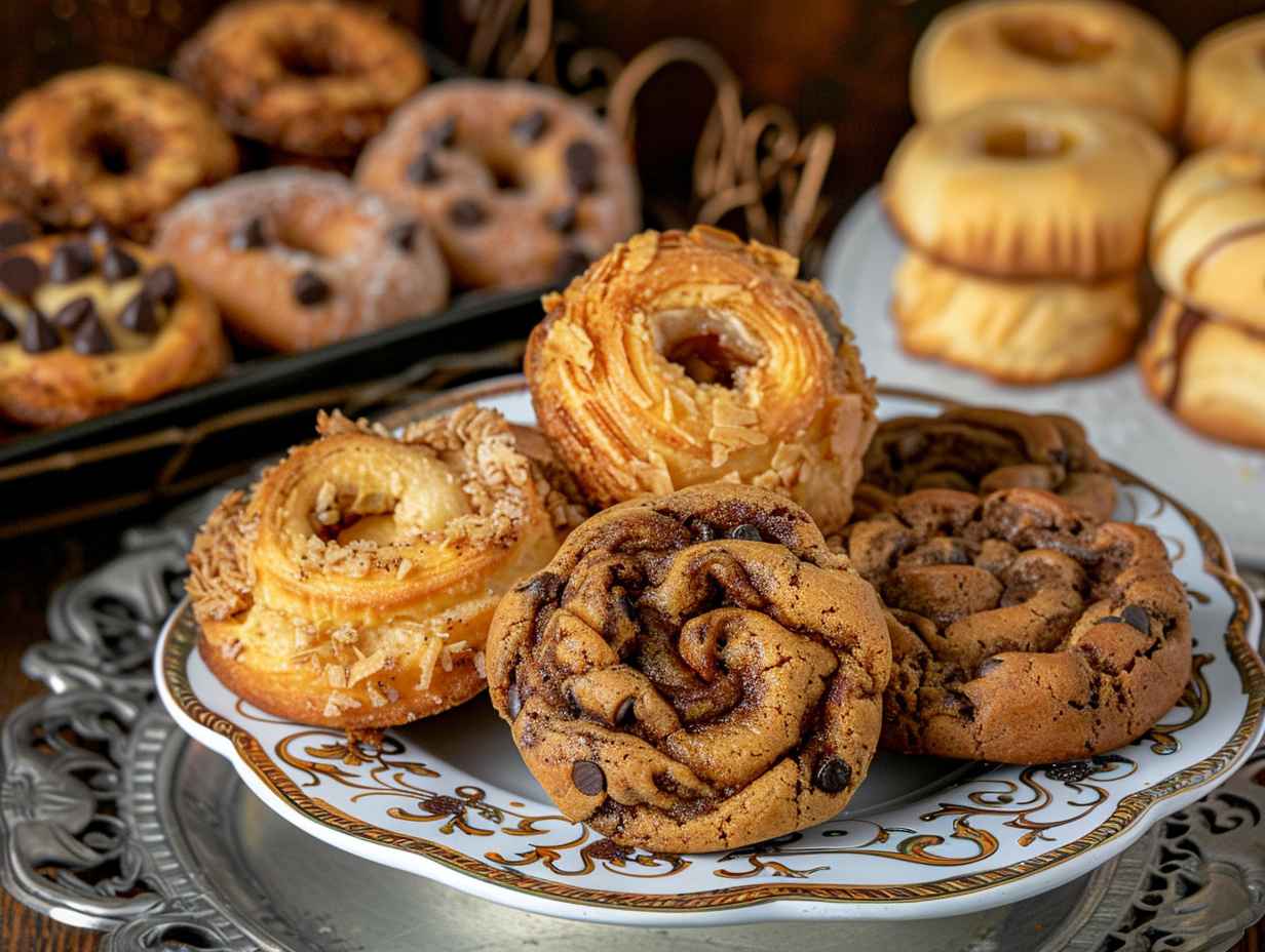 A delicious spread of golden-brown chocolate chip cookies, crispy onion rings, and perfectly baked cinnamon rolls prepared using an Air Fryer Baking Pan.