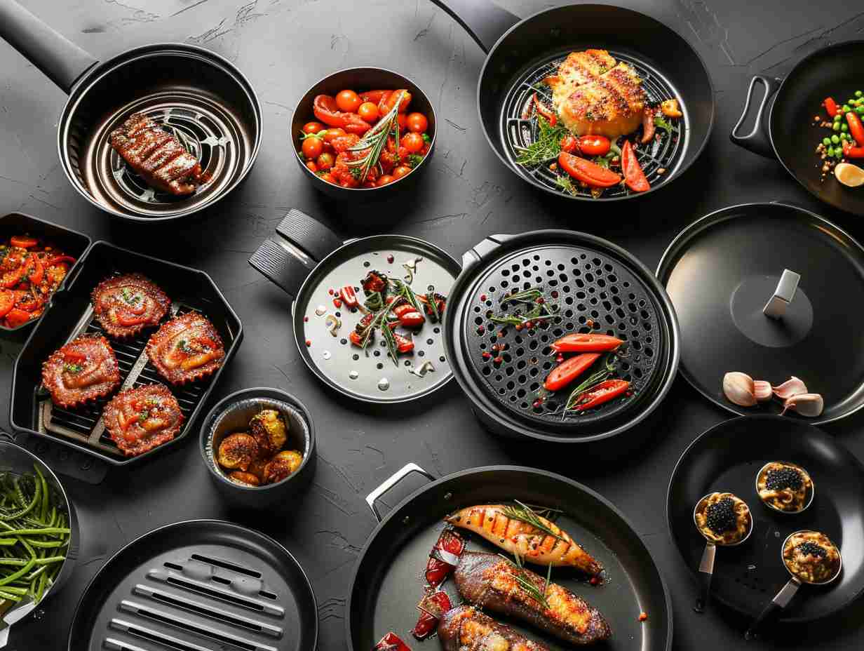 A variety of cooking pans and trays for air fryers, showcasing different sizes, materials, and designs, with crispy, perfectly cooked food in each.