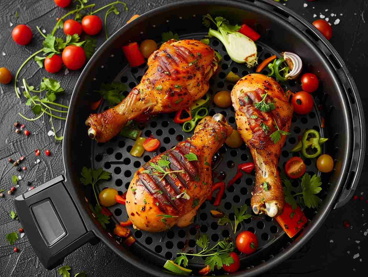 Crispy golden brown chicken drumstick on a non-stick air fryer pan surrounded by colorful mixed vegetables and fresh herbs