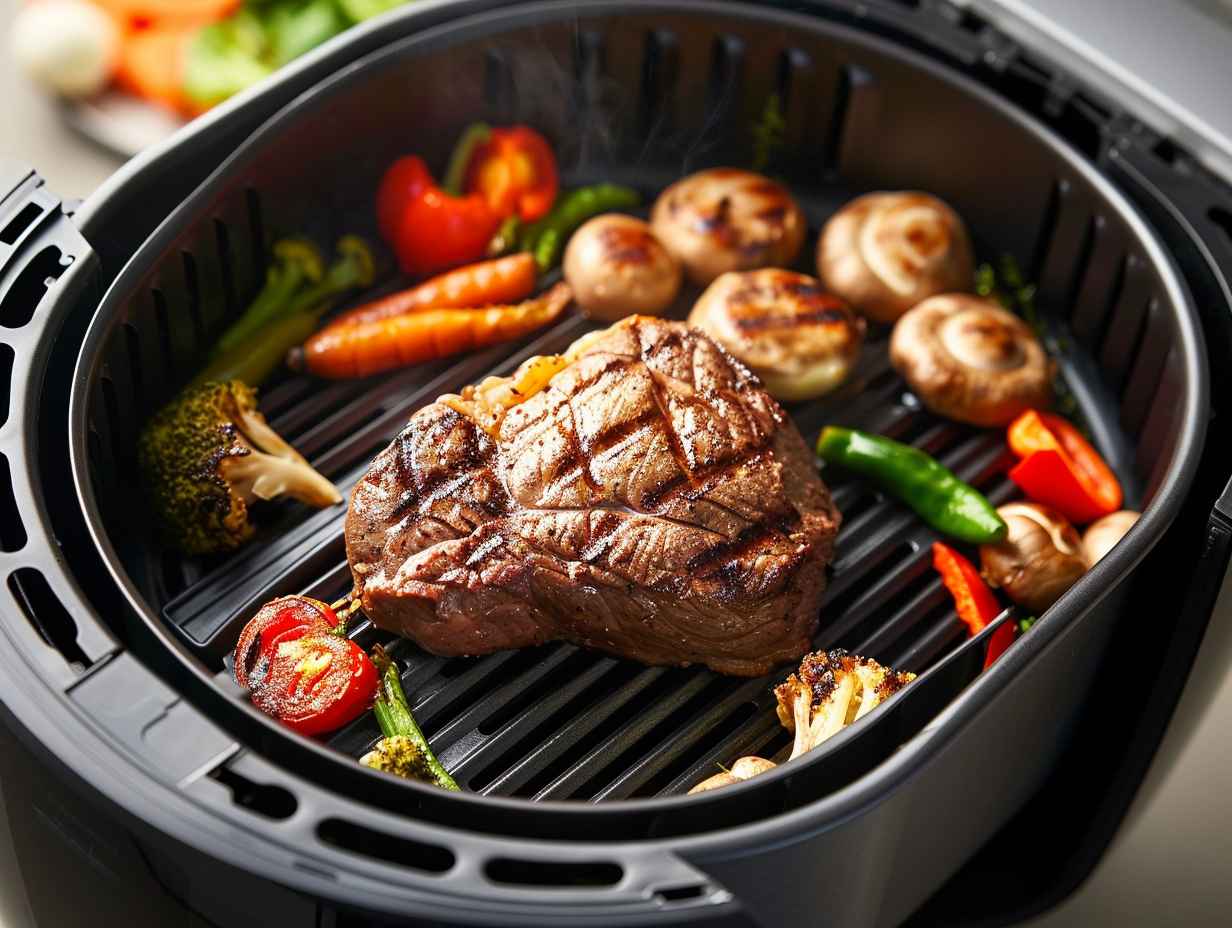 Air fryer with grill pan showcasing crispy chicken breast, golden-brown vegetables, and juicy steak